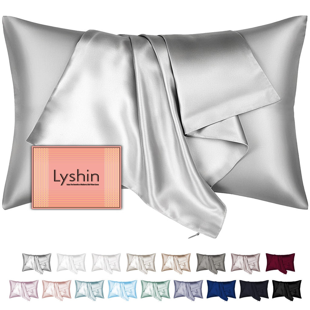 LYSHIN Silk Pillow Cases Standard Size with Hidden Zipper, Silver Grey