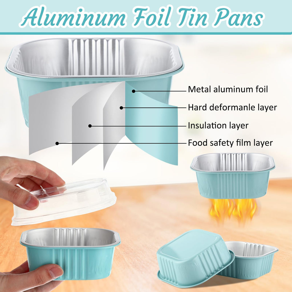 Aoriher 150 Pcs 10 oz Mini Cake Pans with Lids Aluminum Foil Baking Cup Disposable Square 4 x 4 Large Baking Tin, Muffin Pan Cheesecake Kitchen Brownie Pudding Desserts Holder(Light Blue)