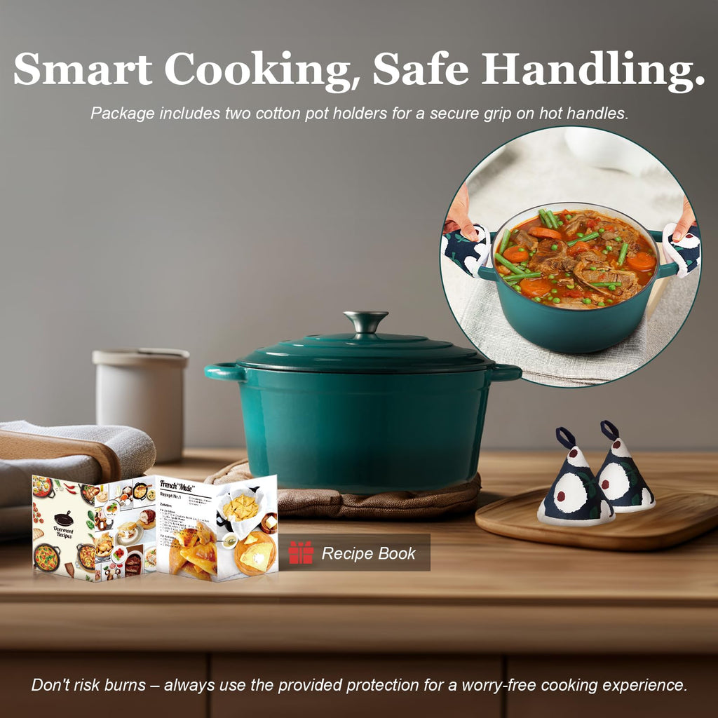 Overmont Enameled Cast Iron Dutch Oven - 4.5QT Pot with Lid Cookbook & Cotton Potholders - Heavy-Duty Cookware for Braising, Stews, Roasting, Sourdough Baking bottle green