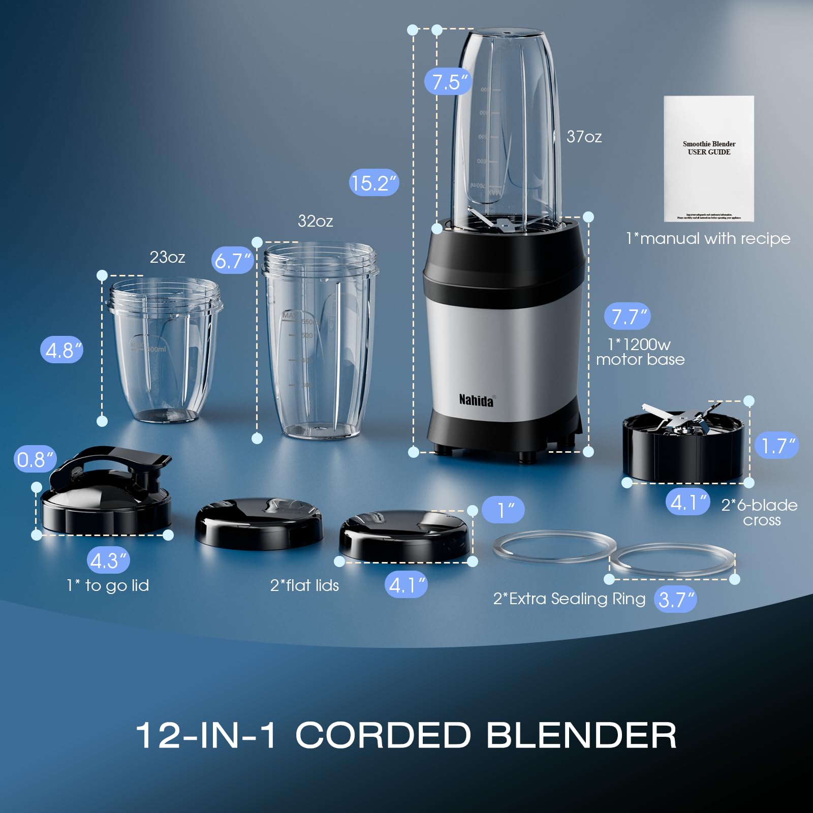 Nahida Blender for Smoothies, 1200W Smoothie Blender for Ice Crushing, Blenders with (2) 6-Fin Blades, Personal Blenders for Kitchen with 23oz, 32oz, 37oz Easy Go Cups for Juices, Silver