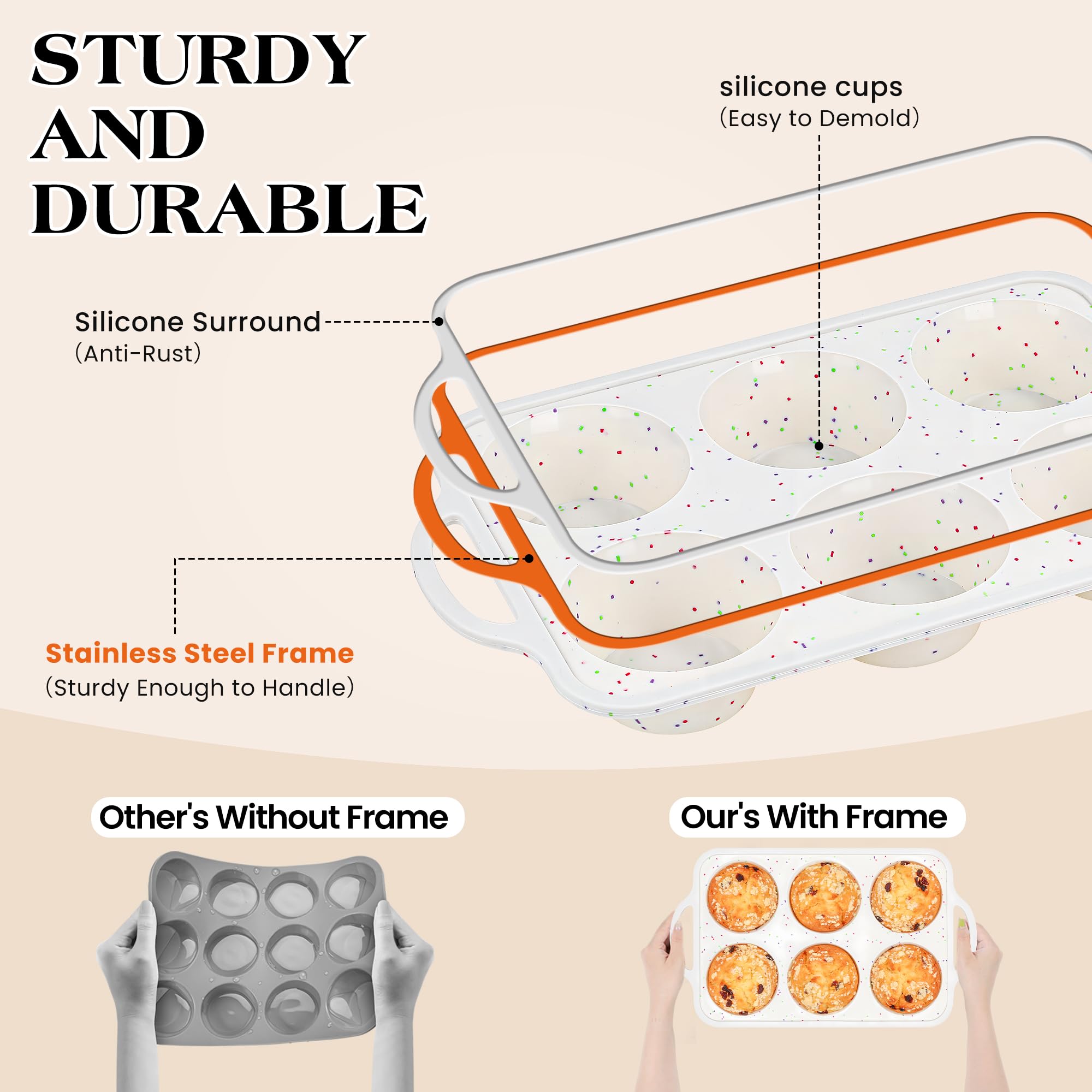 AOTASO 2 Pcs Jumbo Muffin Pan with Metal Frame Nonstick 6 Cup Extra Large Silicone Cupcake Pan for Baking, Deep Jumbo Muffin Tray for Egg Bites Muffins, Confetti Color Cream Gifts for Mom Home Baker