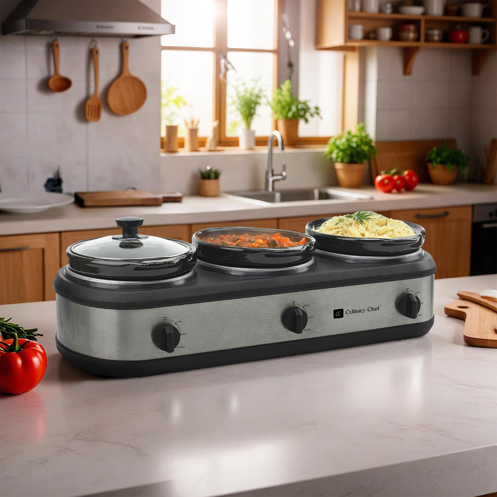 CULINARY CHEF, Triple Slow Cooker, Buffet Server 2.5qt x 3 Pot, Food Warmer – Stainless