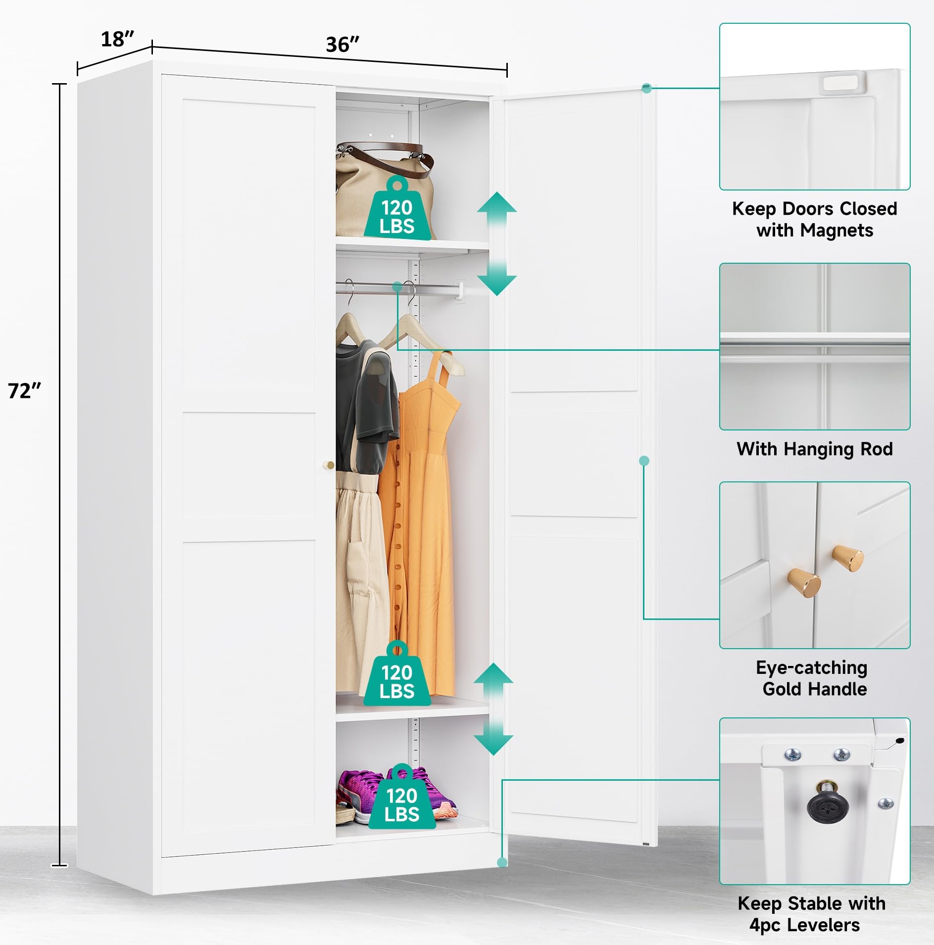 Metal Wardrobe Cabinet with Hanging Rod,White Armoire Wardrobe Closet,Metal Clothing Storage Cabinet with Adjustable Shelves and Doors,72" Wardrobes Storage Cabinet for Home,Living/Laundry Room