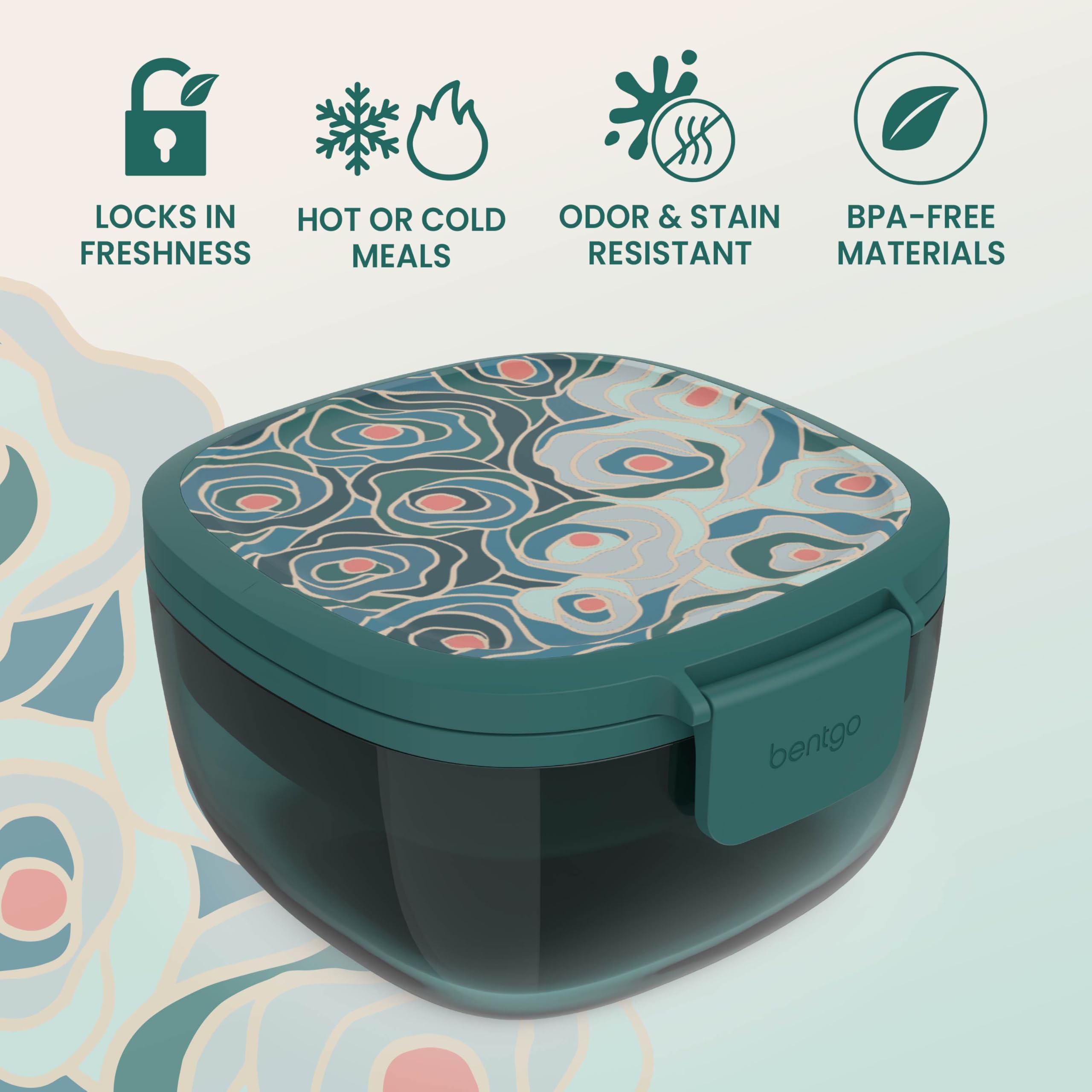Bentgo Glass Prints Salad Container - 7.6-Cup Tinted Glass Salad Bowl with Airtight Lid, Leak-Proof Sauce Container, 4-Compartment Bento Meal Prep Tray & Reusable Fork (Floral Maximalist - Sea)