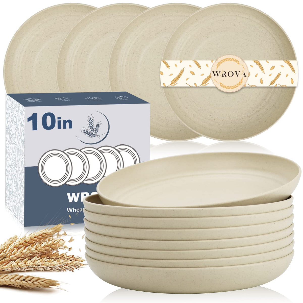 Wrova Wheat Straw Plates - 8 Inch Unbreakable Dinner Plates Set of 8 - Dishwasher & Microwave Safe Plastic Plates Reusable - Lightweight Plates for kitchen,R.V (pure black)