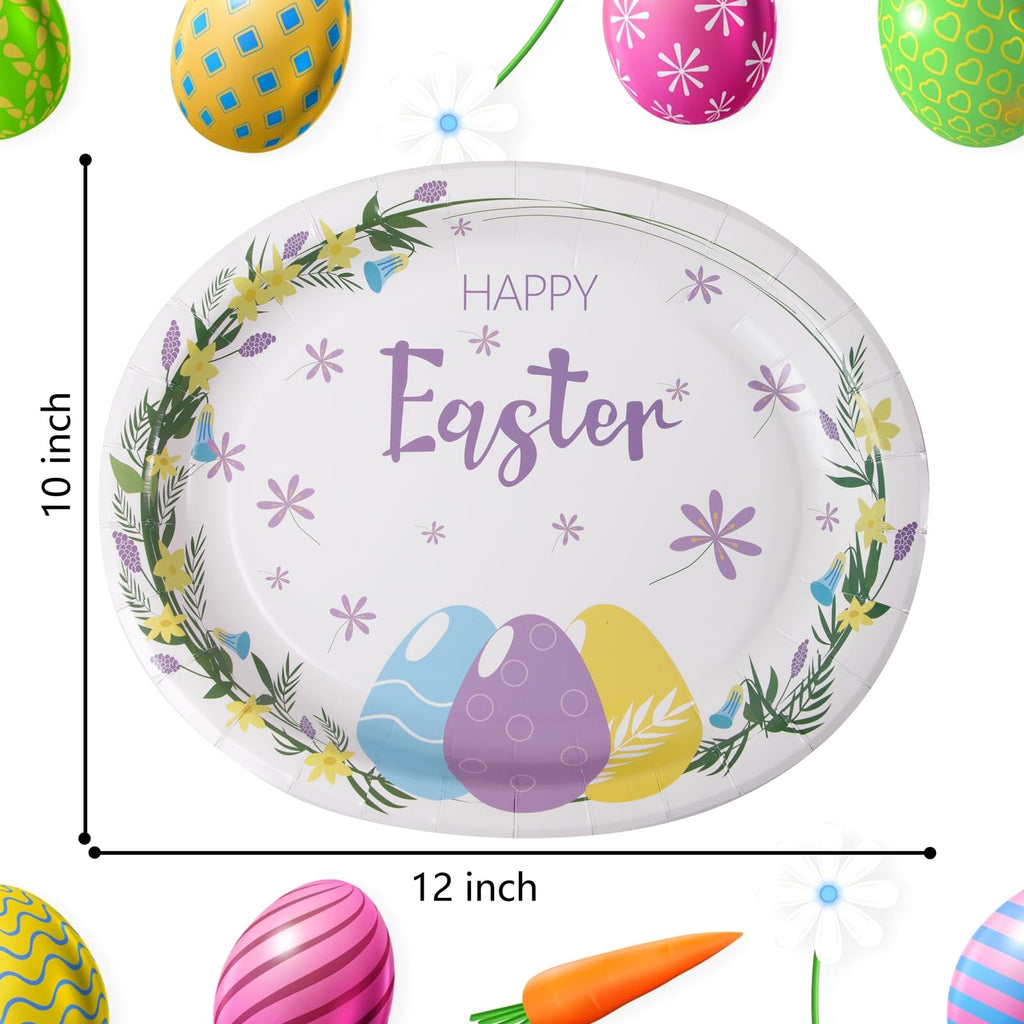 WDF 50Pack Easter Paper Plates - Oval Paper Plates 10" x 12" for Party Supplies Easter Eggs Large Disposable Platter for Easter Serving Tray