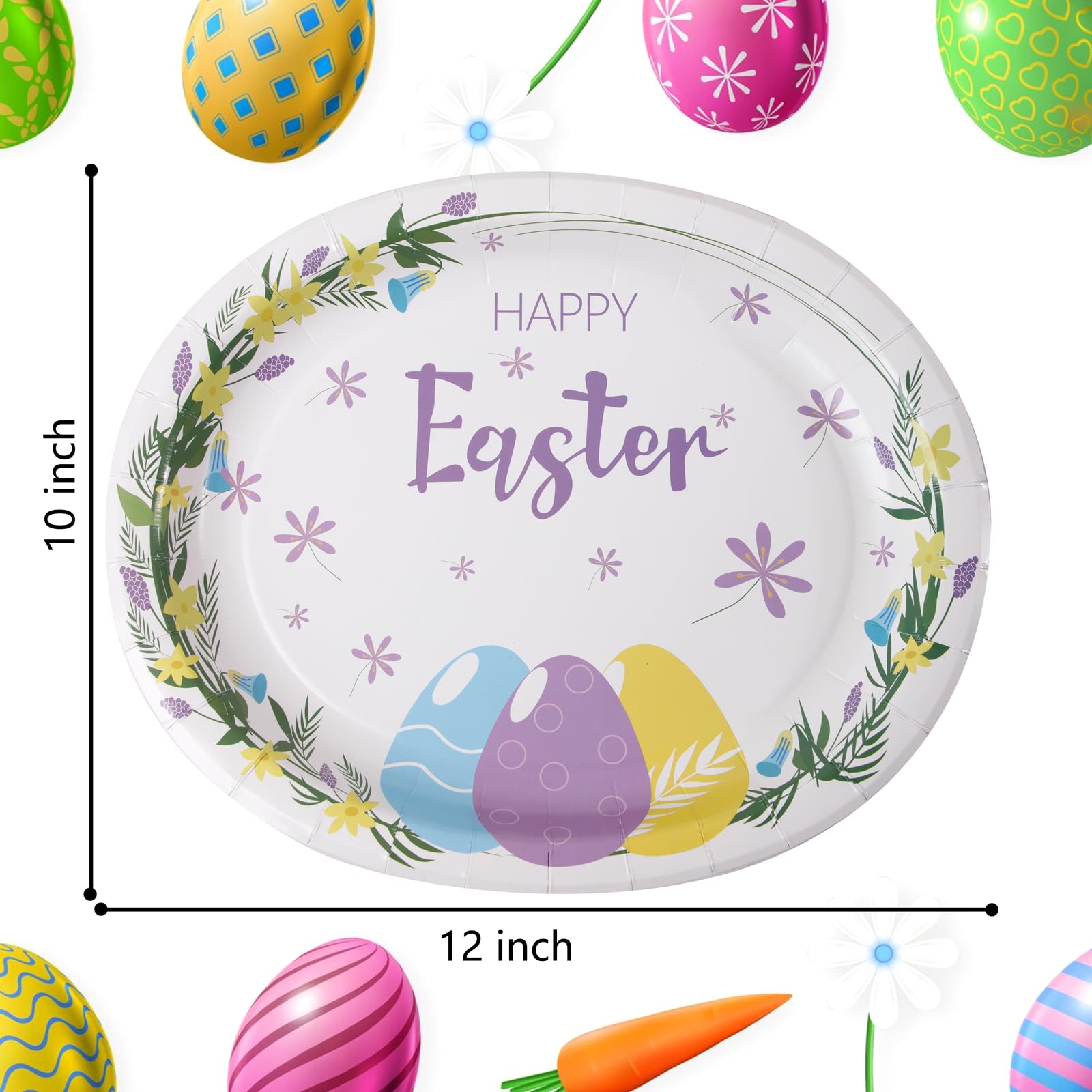 WDF 50Pack Easter Paper Plates - Oval Paper Plates 10" x 12" for Party Supplies Easter Eggs Large Disposable Platter for Easter Serving Tray