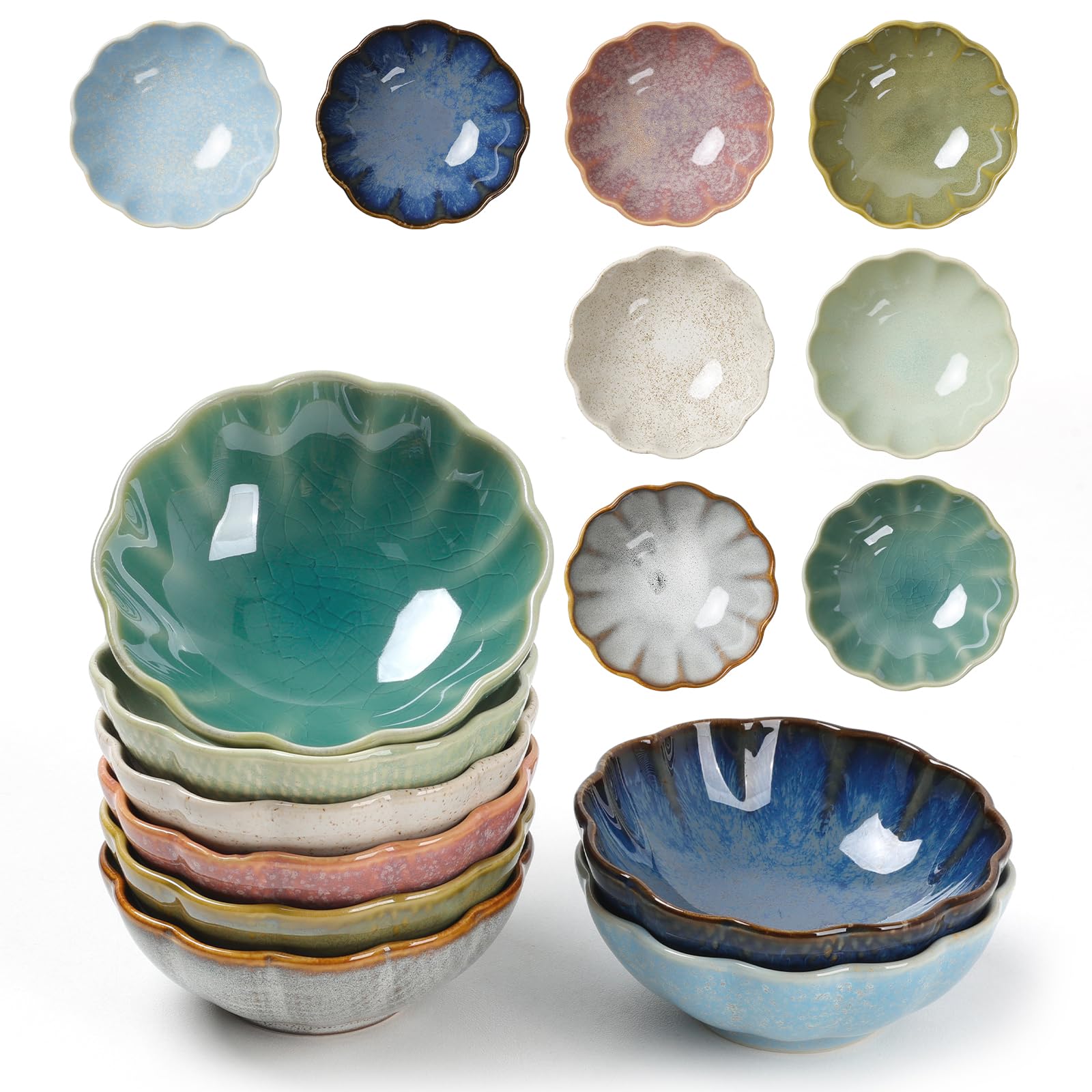 ZEBERBO Dipping Bowls Set of 8, Ceramic Soy Sauce Dishes, 3 oz Dipping Sauce Cups, chrysanthemum Round Small Side Dish Dishes for Dipping Sushi Tomato Soy Sauce Dish Condiment Finger Bowls