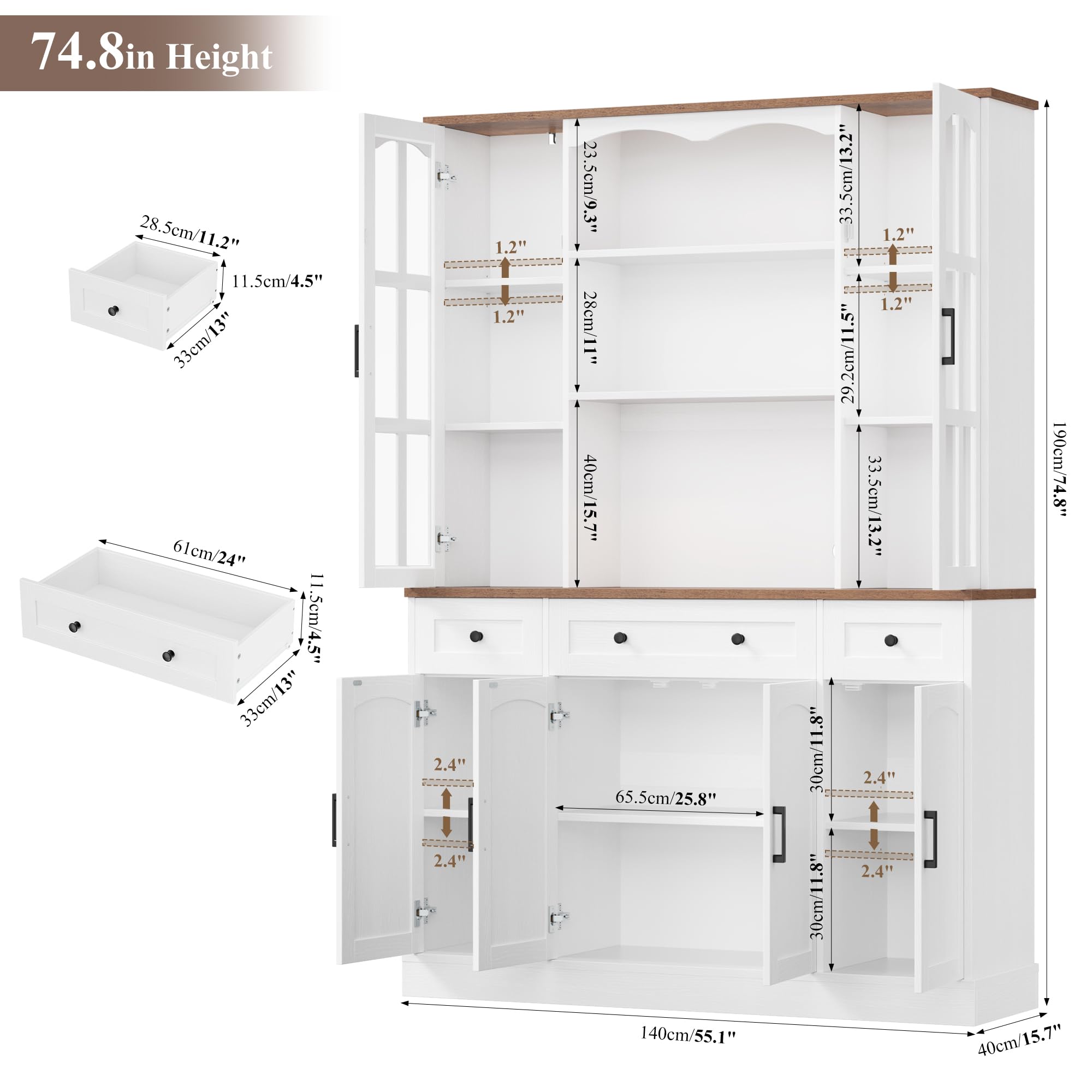 Keyluv 74.8" Tall Pantry Cabinet with Microwave Stand, Large Storage Kitchen Hutch with 3 Drawers & Adjustable Shelves, Arched Glass Door Buffet Cabinet for Kitchen, Dining Room, Living Room, White
