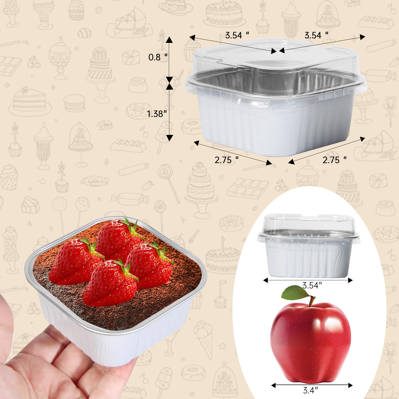 50 Pcs Mini Square Baking Cups with Lids,5oz Aluminum Foil Mini Cake Pans with Lids,Disposable Ramekins Cake Pans,150ml Dessert Cups Cupcake Pans for Wedding Birthday Party,White