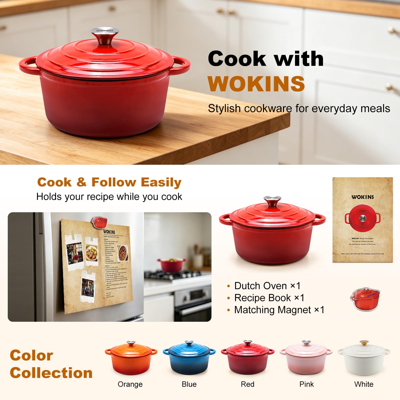 WOKINS 4-QT Enameled Cast Iron Round Dutch Oven With Lid,Oven safe,Red