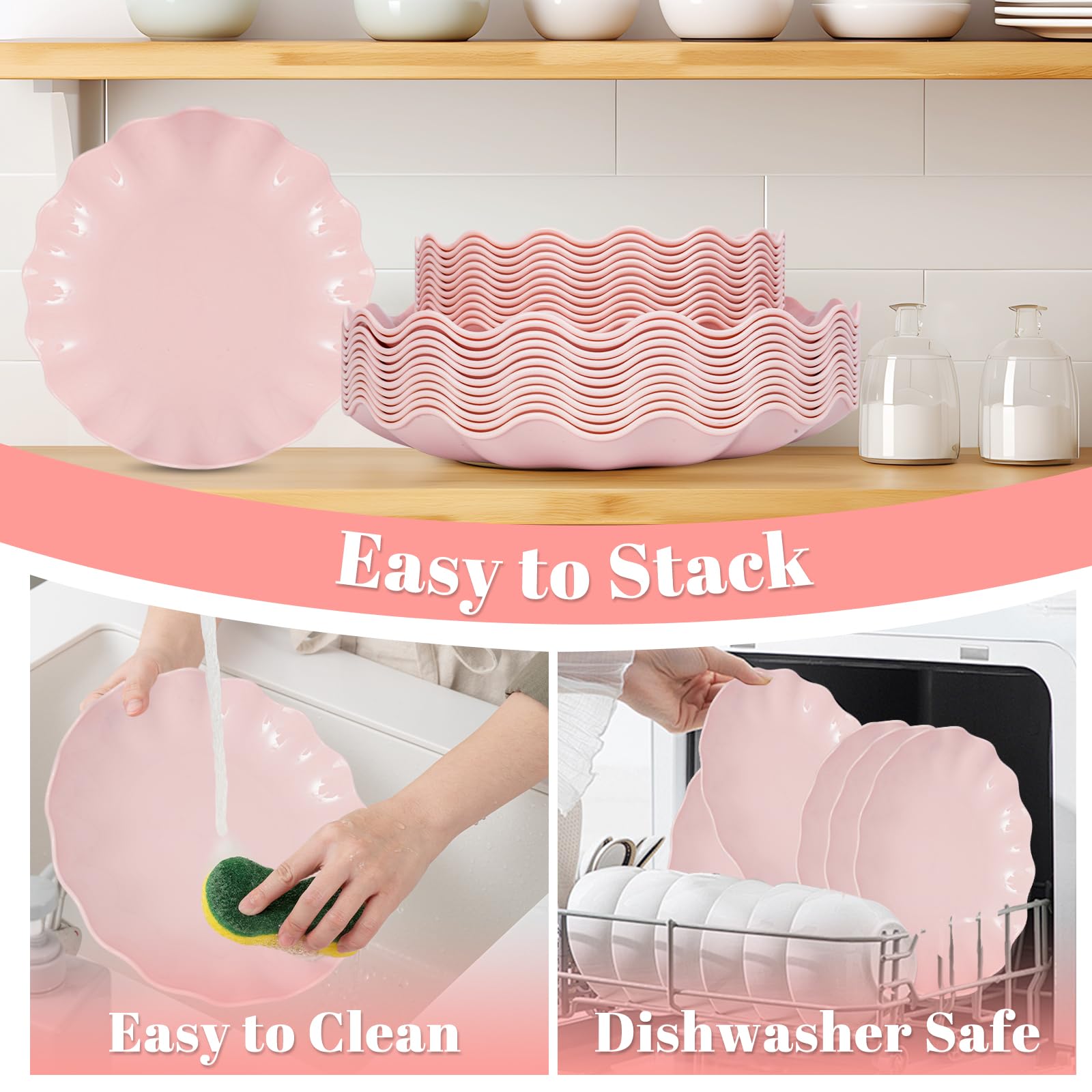 LIYH 50 Pcs Pink Plastic Plates Reusable - Durable and Dishwasher Safe Baby Shower Plates Wavy Daisy Plastic Flower Plate for Party Wedding Birthday Picnics BPA Free (25Guests)