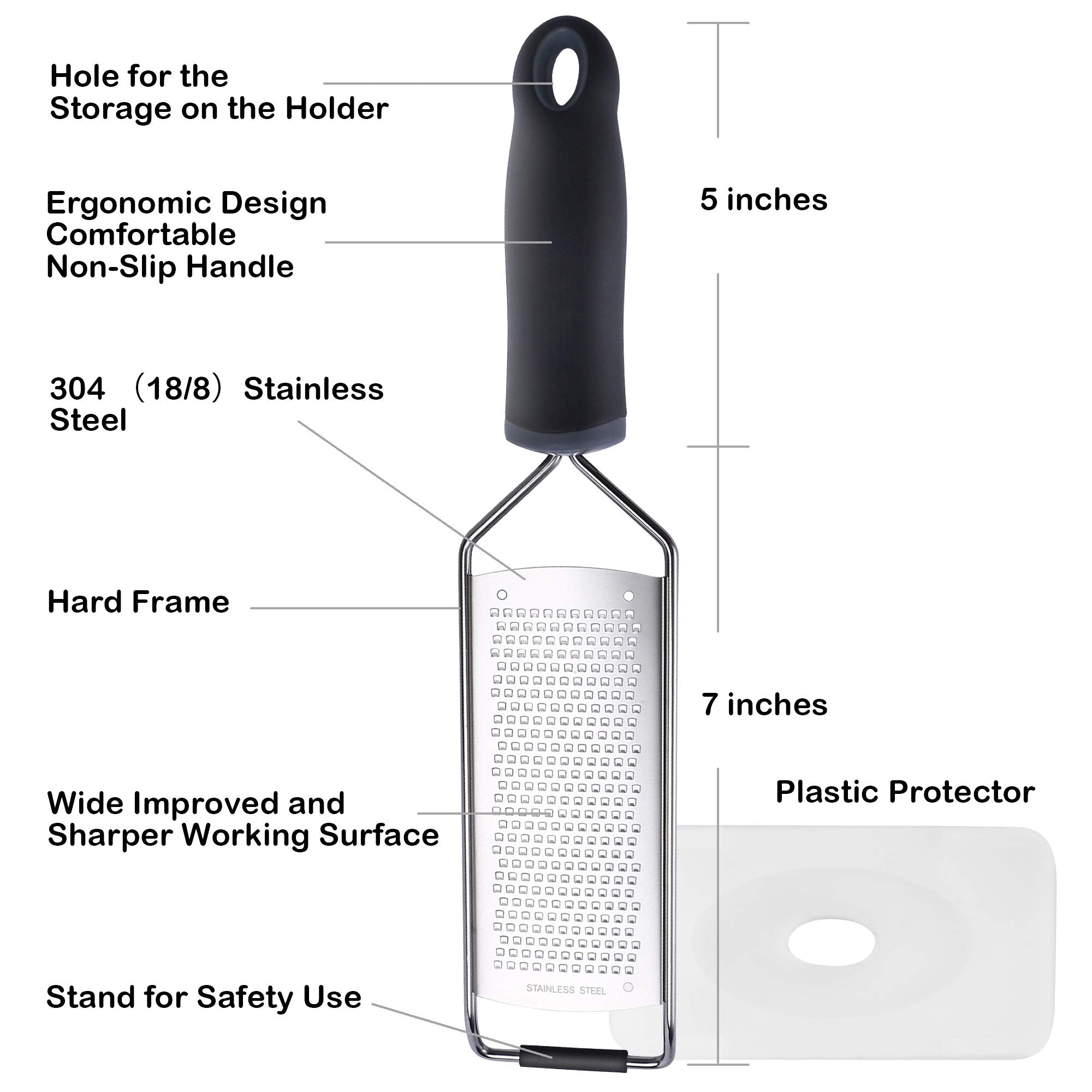 Wide Lemon Zester & Cheese Grater, 18/8 Stainless Steel with Cover, Black
