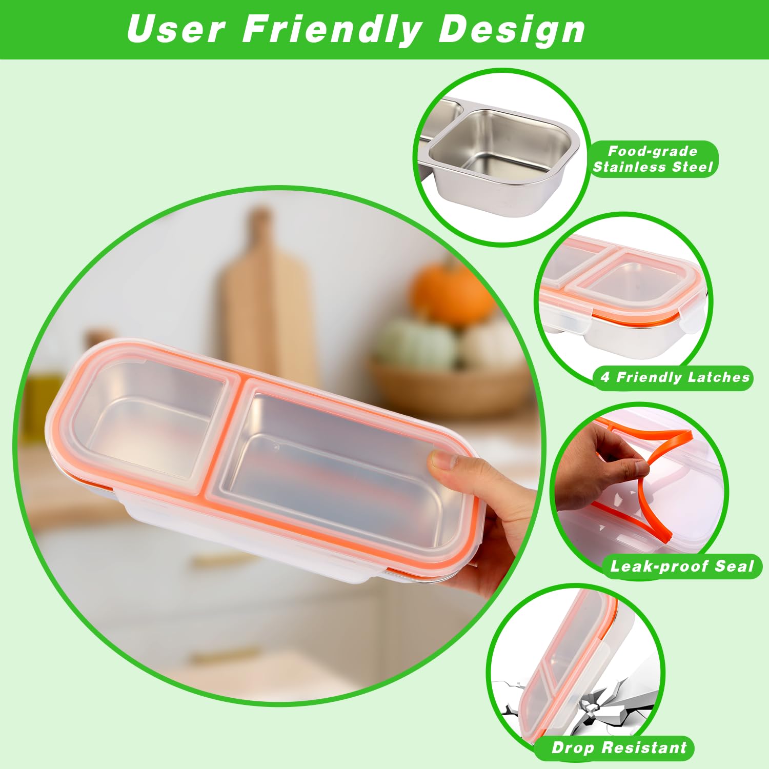 Ctarlitu Stainless Steel Snackle Container For Adults, Reusable Bento Lunch Box Snack Containers, 2 Compartment Divided Food For Home Work Travel