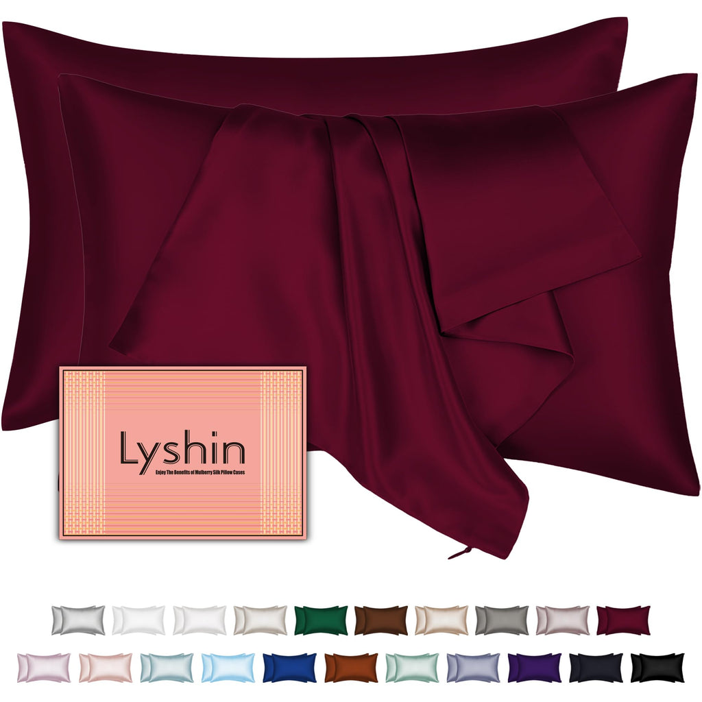 LYSHIN Silk Pillow Cases 2 Pack Standard Size with Zipper, Burgundy