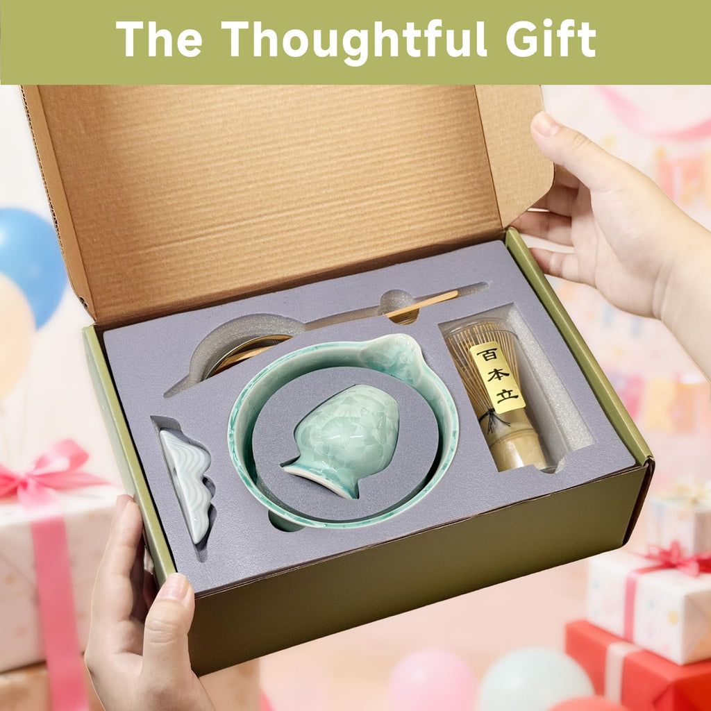 Matcha Whisk Set with Ceramic Bowl - Bamboo Whisk (Chasen), Scoop, Sifter & Holder - Complete Kit for Traditional Matcha Tea - Unique Gifts for Women, Men, Tea Lovers (Matcha Crystal)