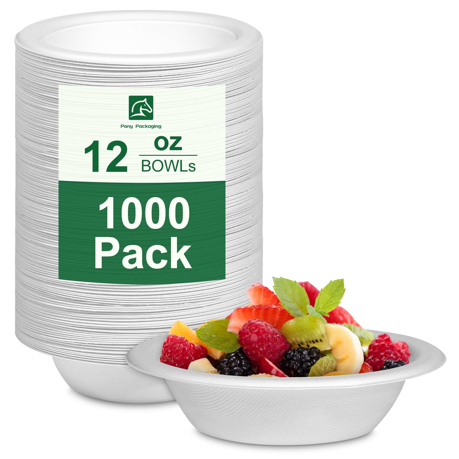 Pony Packaging Paper Bowls 12oz, Disposable Bowls Heavy Duty, 1000-Pack 100% Compostable Disposable Soup Bowl, Biodegradable Bagasse Paper Bowls Bulk-White
