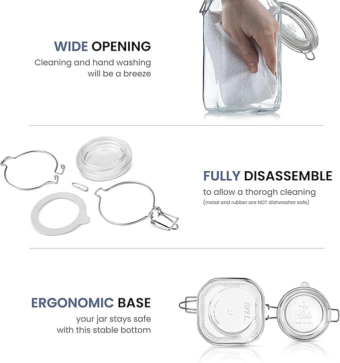 Bormioli Rocco Fido, 2 Pack, 33.75 Oz. Food Storage Glass Jars, Airtight Rubber Seal & Glass Lid, with Stainless Wire Clamp, Mason Jar, Made in Italy