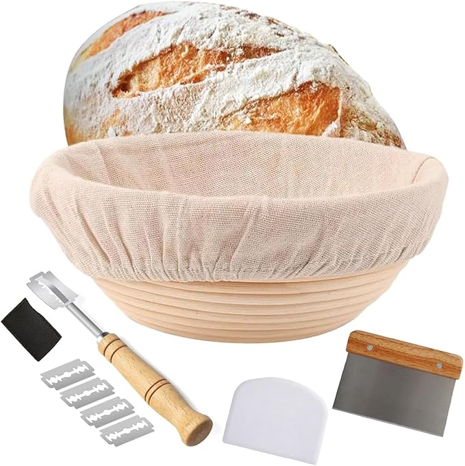 EROIR 13" Danish Dough Whisk Bread Lame Bowl Scraper Set - Dutch Sourdough Whisk Double Eye, Dough Scraper, Bread Scorer with 10 Blades and Leather Cover