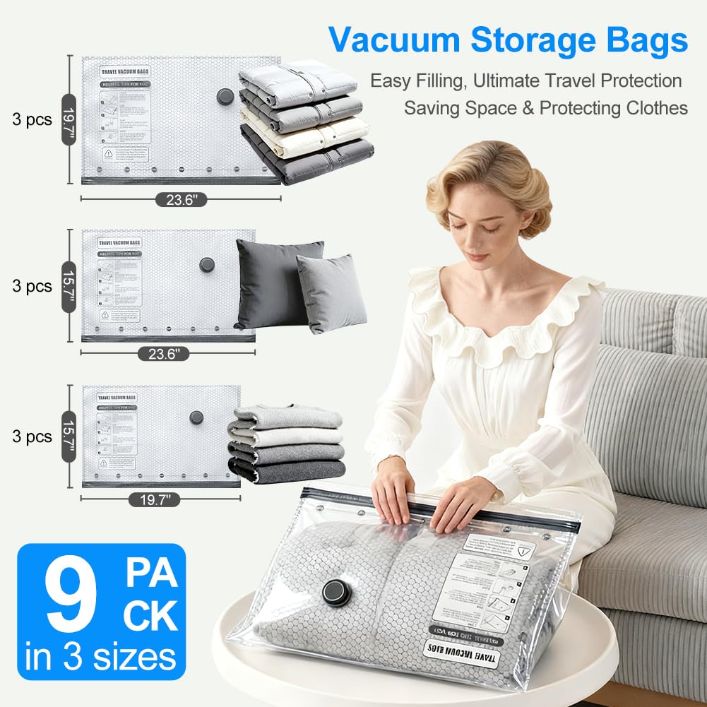 Vacuum Seal Bags 12-Pack with Wireless Pump, 4 Large/4 Medium/4 Sizes, Reusable Storage for Clothes Travel, Luggage & Suitcases, Portable Space Saver