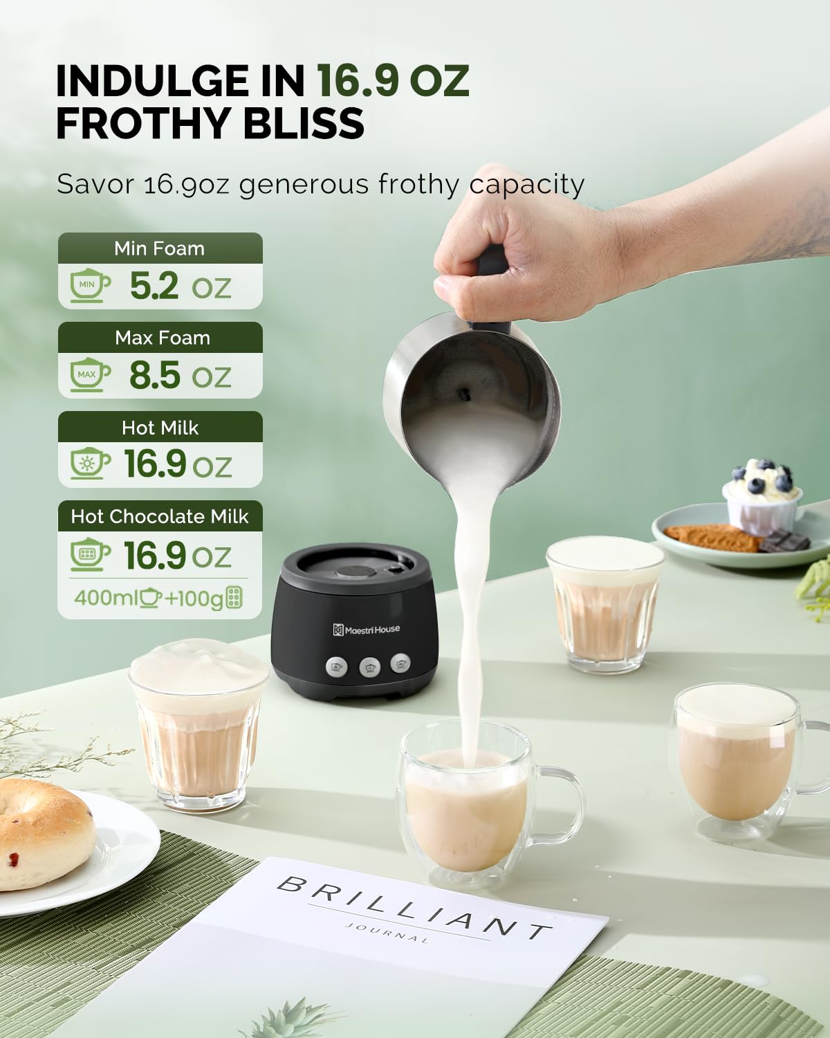 Maestri House Milk Frother, 4-in-1 ClassicFro 500 Electric Milk Steamer and Frother, 16.9OZ 600W Smart Touch Control Hot and Cold Foam Maker, Memory Function for Latte, Cappuccinos, Chocolate Milk