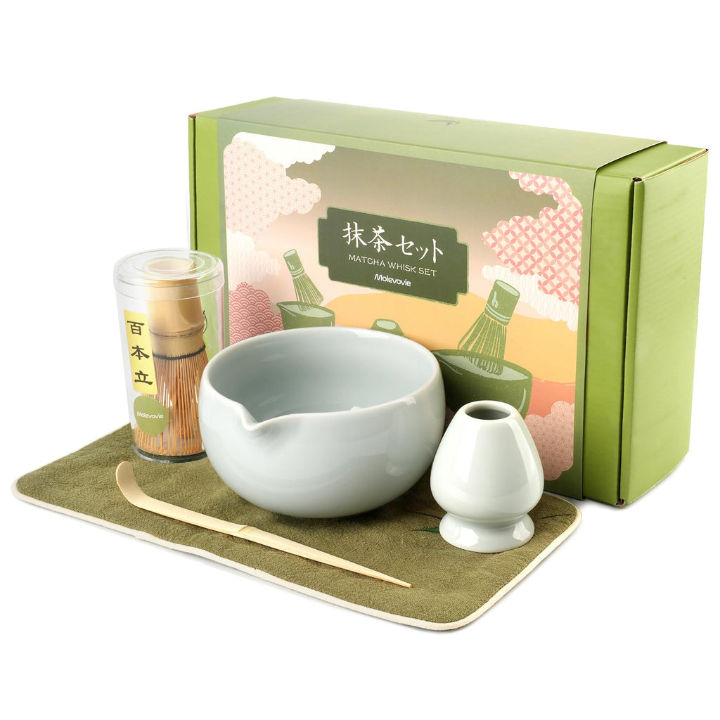 Matcha Whisk Set – Ceramic Matcha Set with Matcha Bowl, Matcha Whisk & Holder, Bamboo Scoop, Tea Towel – 5-Piece Japanese Matcha Kit for Matcha Lovers, Beginners & Gifting (Gray, 17oz)