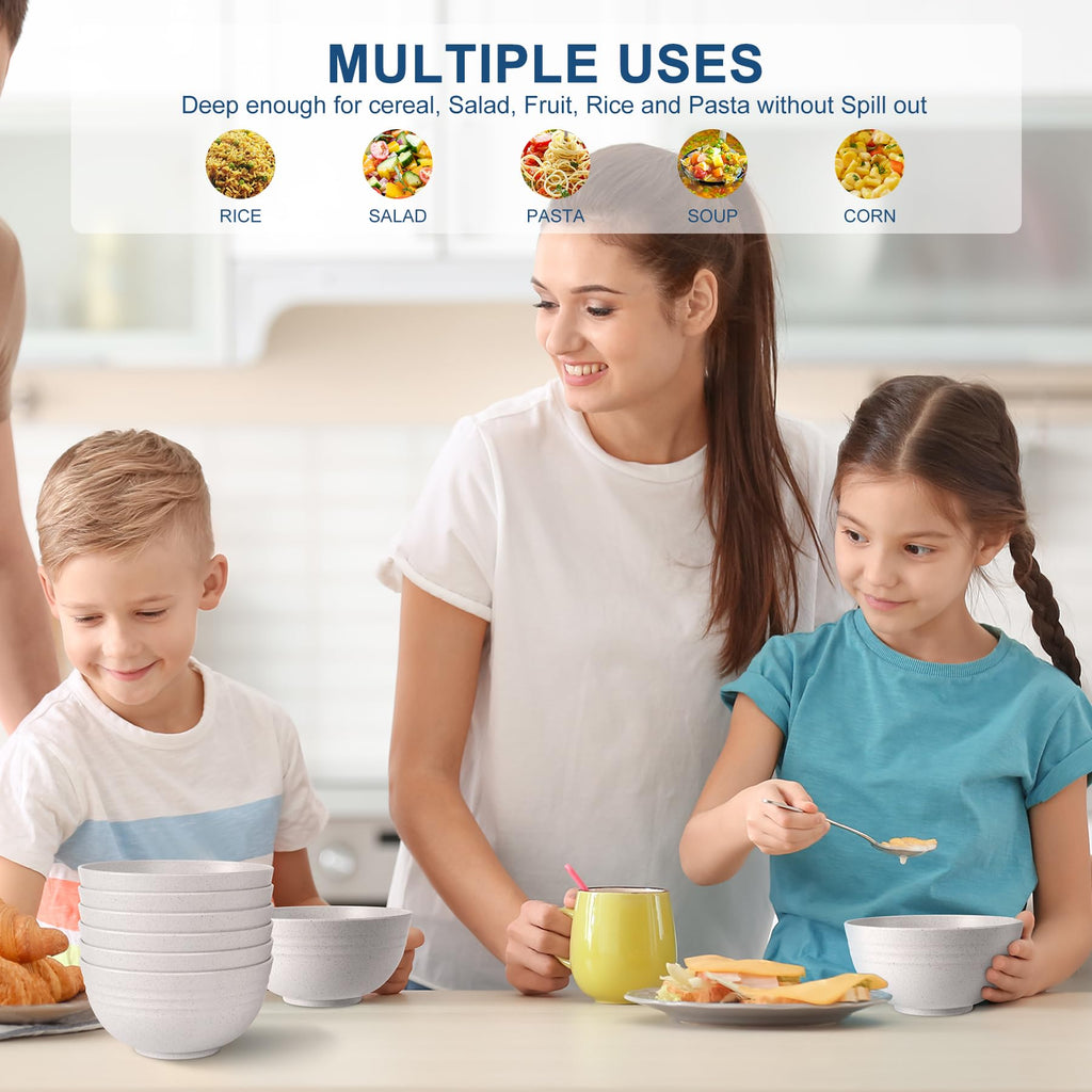 HOTEC Unbreakable Wheat Straw Cereal Bowls - Microwave & Dishwasher Safe Soup and Salad Bowls BPA Free, Set of 8, 26oz, Off-White
