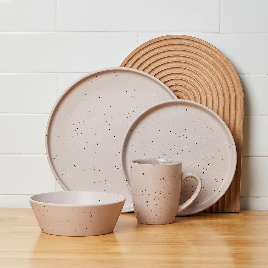 Stone Lain Jade Stoneware 16 Piece Dinnerware Set, Home Kitchen Dish Set with Dinner Plates, Salad Plates, Bowls, & Mugs - Service for 4, Taupe