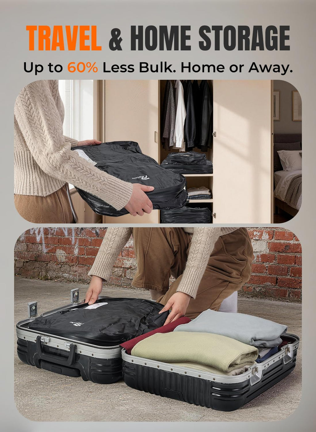 POIXM Vacuum Bags for Travel with Wireless Pump, 180° Open Zipper, IP67 Waterproof, Reusable Space Saver Compression Bags for Backpack, Suitcase, Home Storage(1 Pack + Pump)