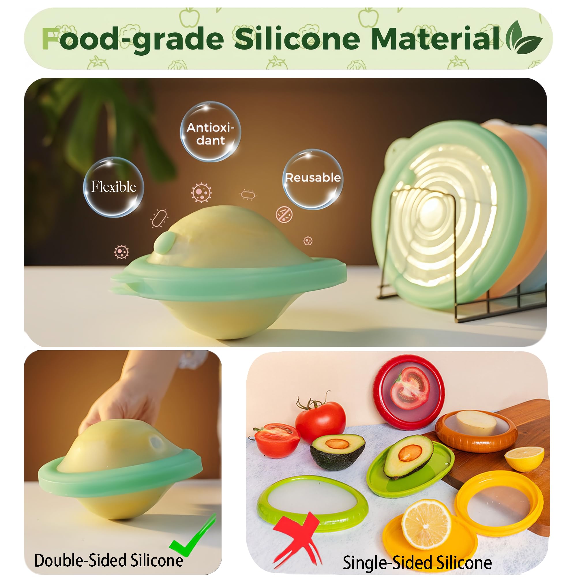 Silicone Reusable Vacuum-Seal Storage Containers for Fridge,Fresh Fruit,Vegetables,Garlic,Onions,Lemons,Potatoes,Meat,for Microwave Oven Heating,Freezer,Dishwasher,Avocado Saver,Tomato Holder,4 Pack