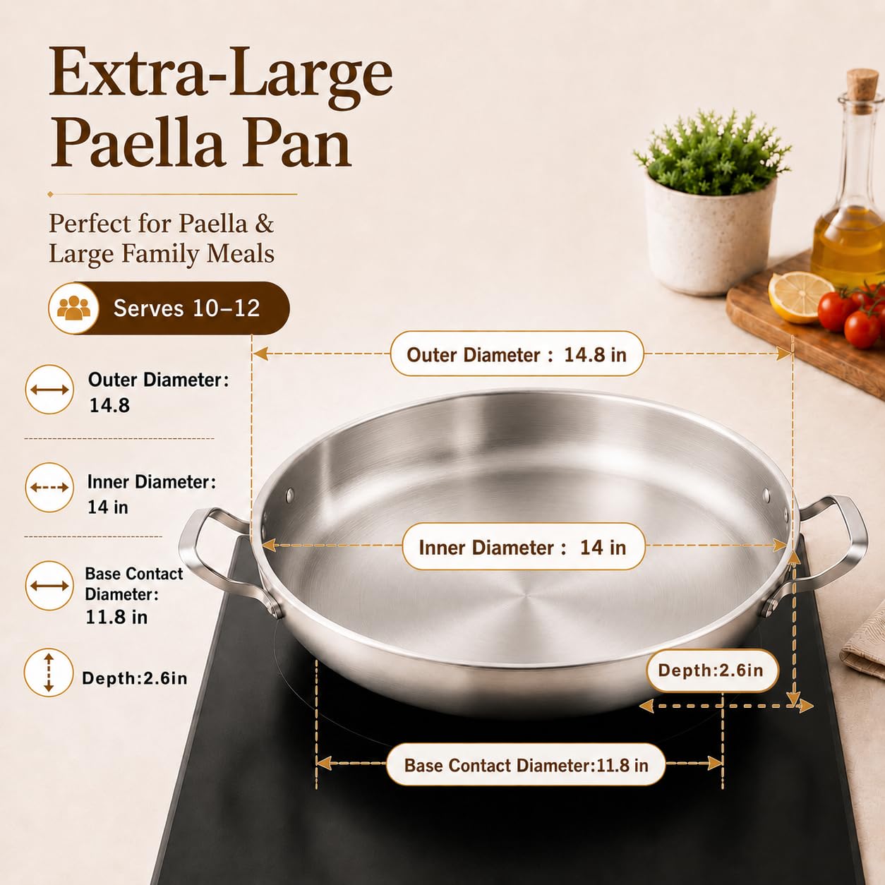 DELARLO Paella Pan 14 Inch Tri-Ply Stainless Steel Paella Pan with Lid, Jumbo Frying Pan, kitchen Induction Large Skillets,Great for Paella Parties Indoors Outdoors,Heavy Duty Style