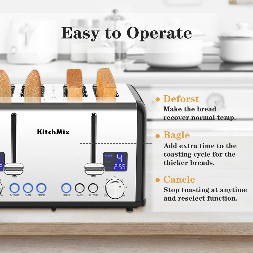 Toaster 4 Slice, KitchMix Bagel Stainless Toaster with LCD Timer, Extra Wide Slots, Dual Screen, Removal Crumb Tray (Black)