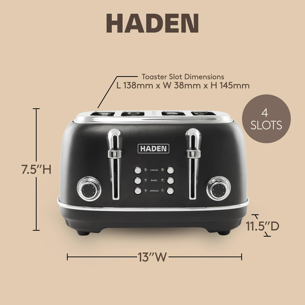Haden Heritage 4 Slice Wide Slot Stainless Steel Toaster with Adjustable Browning Control & Non-Slip Feet, Black & Chrome