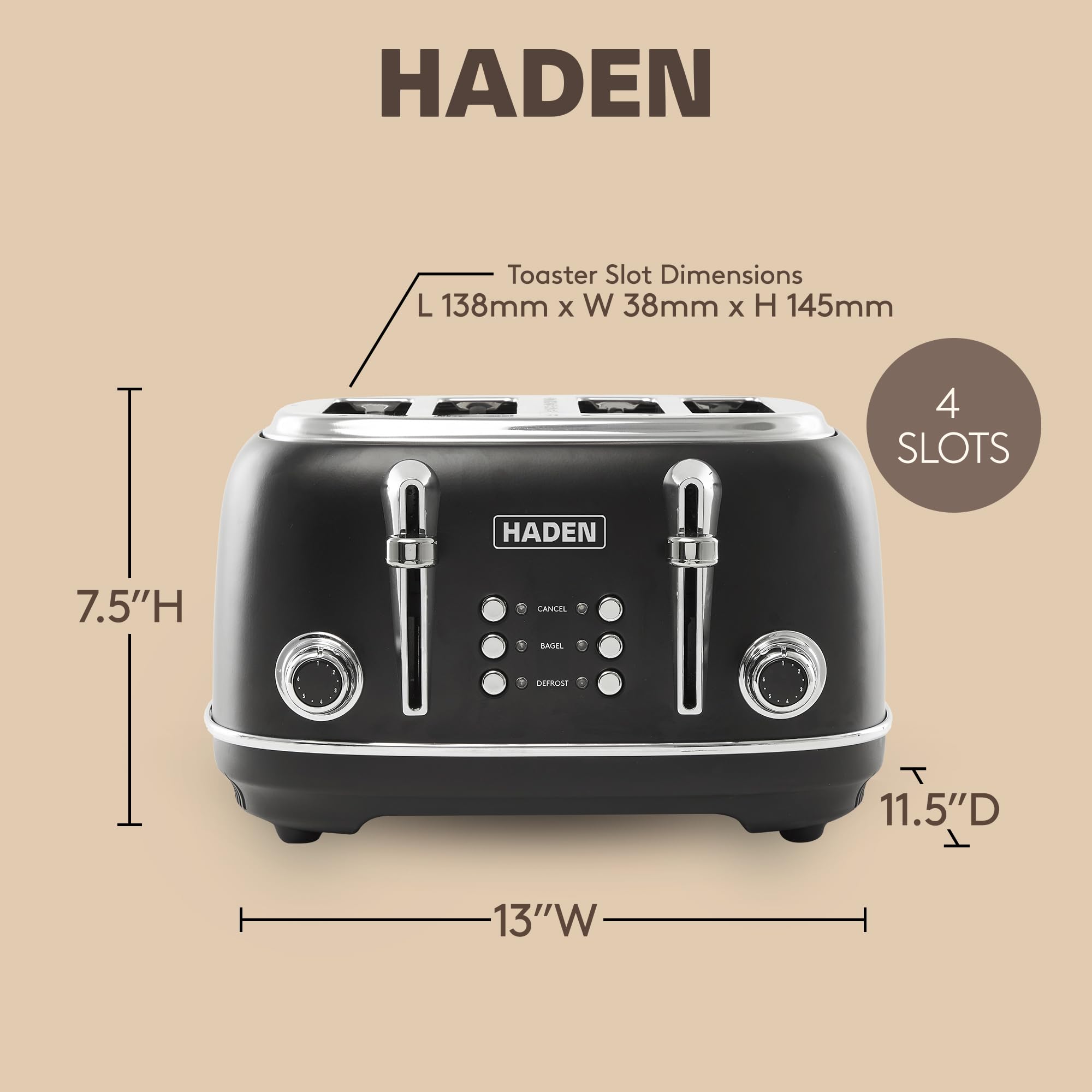 Haden Heritage 4 Slice Wide Slot Stainless Steel Toaster with Adjustable Browning Control & Non-Slip Feet, Black & Chrome