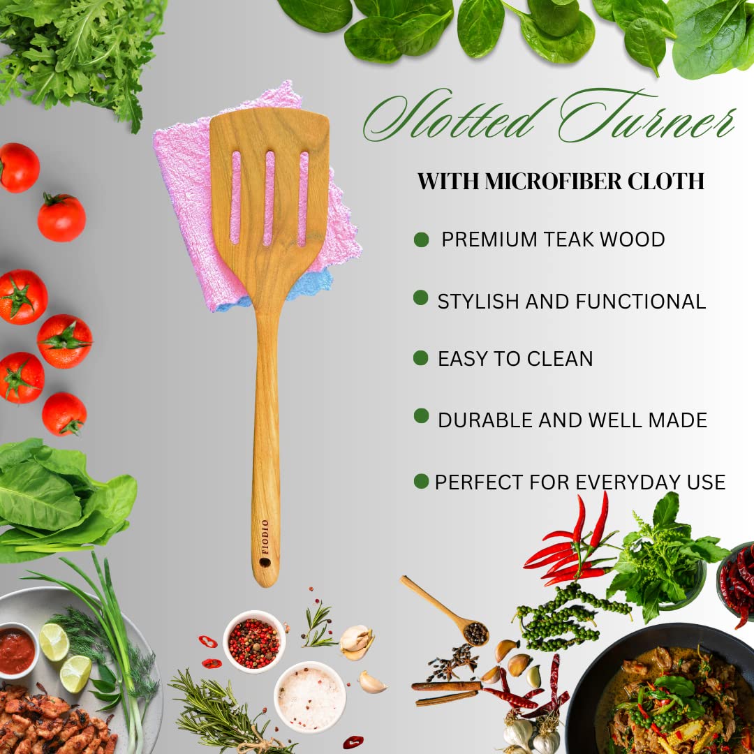 Fiodio Home Teak Wooden Spatula, Spoons & Slotted Turner for Cooking – Natural Non-Stick, Handcrafted Kitchen Utensils with Comfort Grip & Microfiber Cloth