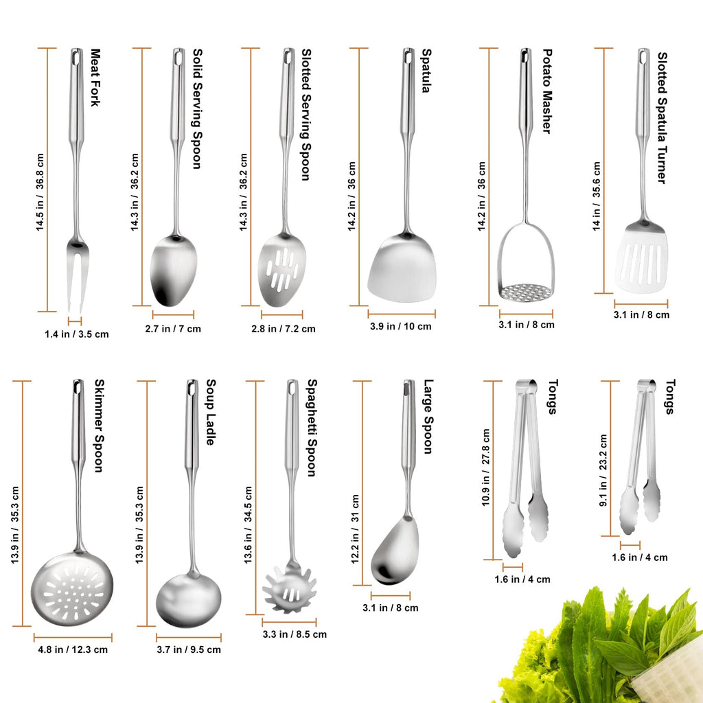 304 Stainless Steel Cooking Utensils Set, 12 Pcs Long Stainless Steel Kitchen Utensils Set, Metal Cooking Utensils Set with Potato Masher, Spoon, Ladle, Skimmer, Pasta Server etc(Dishwasher Safe)