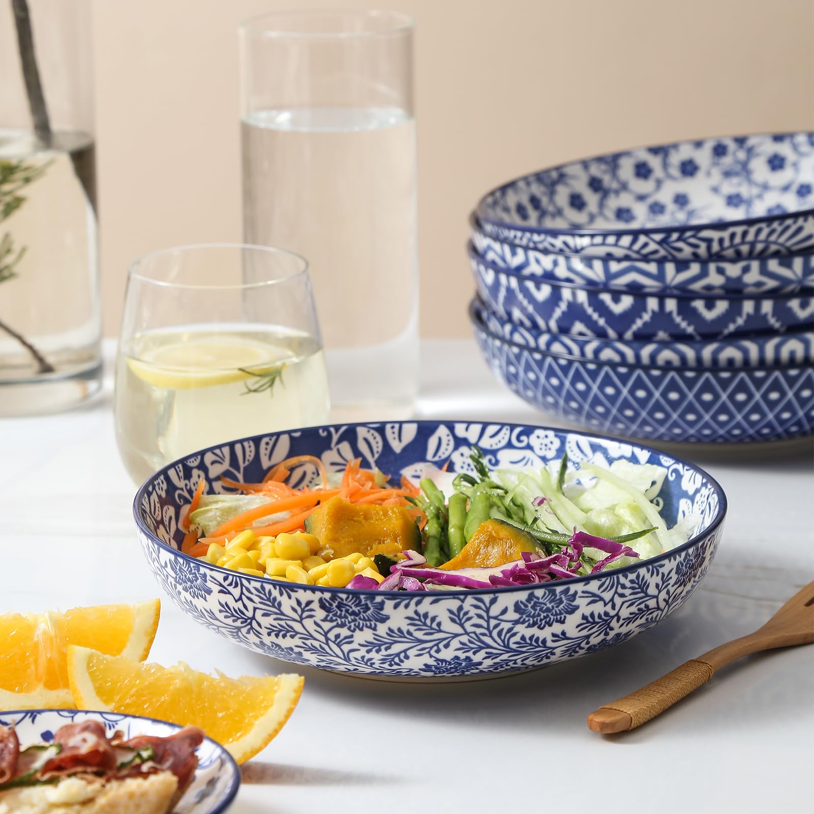 Selamica 30-Pieces Ceramic Dinnerware Sets for 6, Scratch Resistant Plates and Bowls Sets, Microwave and Dishwasher Safe, Vintage Blue A