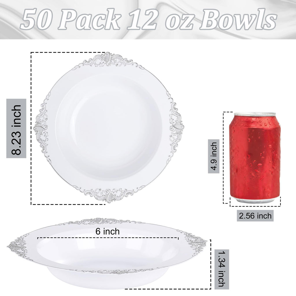 Nervure 50PCS White Plastic Bowls with Silver Rim 12oz Disposable Soup Bowl