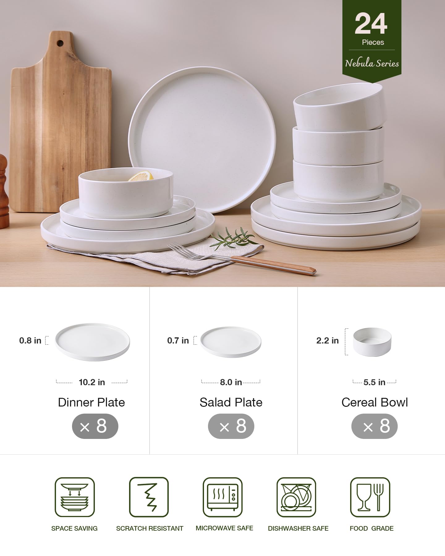 Famiware Nebula Plates and Bowls, 24-Piece Dinnerware Set, White