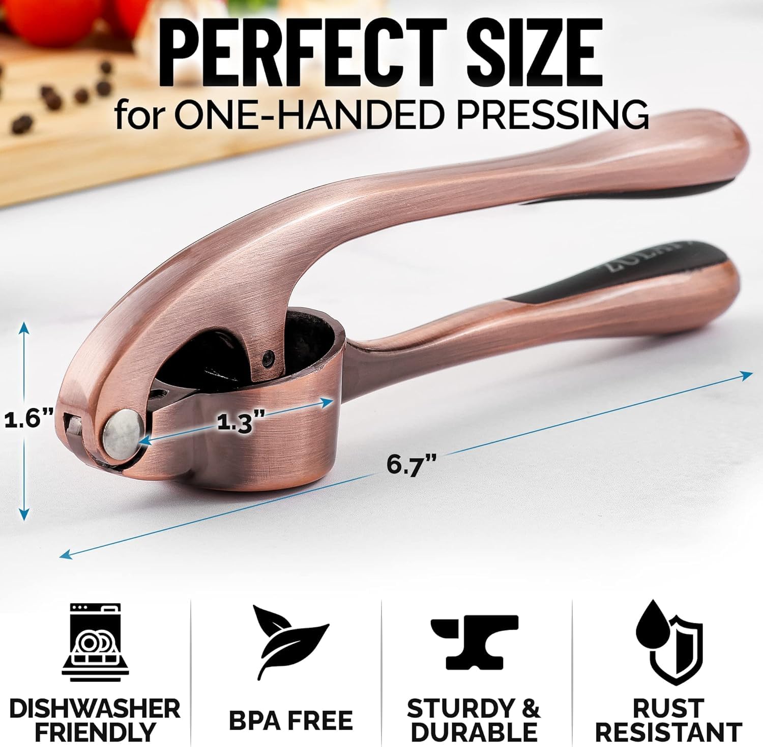 Premium Garlic Press Stainless Steel - Elevate Your Culinary Experience with Our Premium Garlic Mincer, Crusher & Peeler Set, Dishwasher Safe & Rust-proof (Bronze)