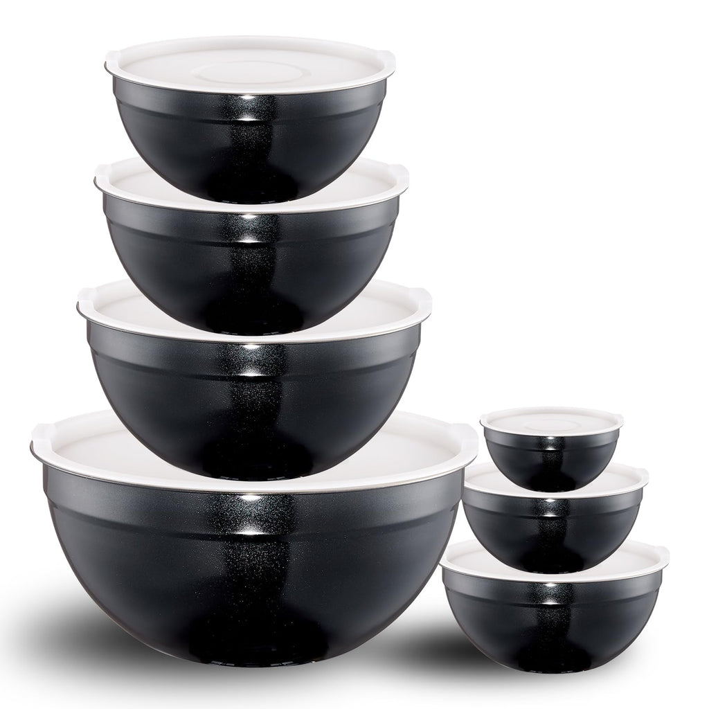 LKTDYMEG Black Mixing Bowls with Lids Set of 7, Stainless Steel Nesting Bowl with Khaki Lid for Non-slip Mixing Prepping Storing Serving, 7 Sizes-7/3.6/2.7/2.1/1.5/1/0.8 QT