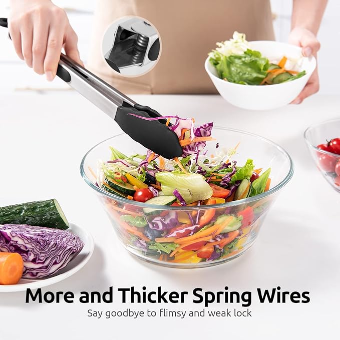 600ºF Heat Resistant Kitchen Tongs: U-Taste 9+12 inch Silicone Cooking Tong Set with Firm Sealed Non Stick Rubber Tips and Silicon Coated 18/8 Stainless Steel Handle for Serving Grilling Salad (Black)