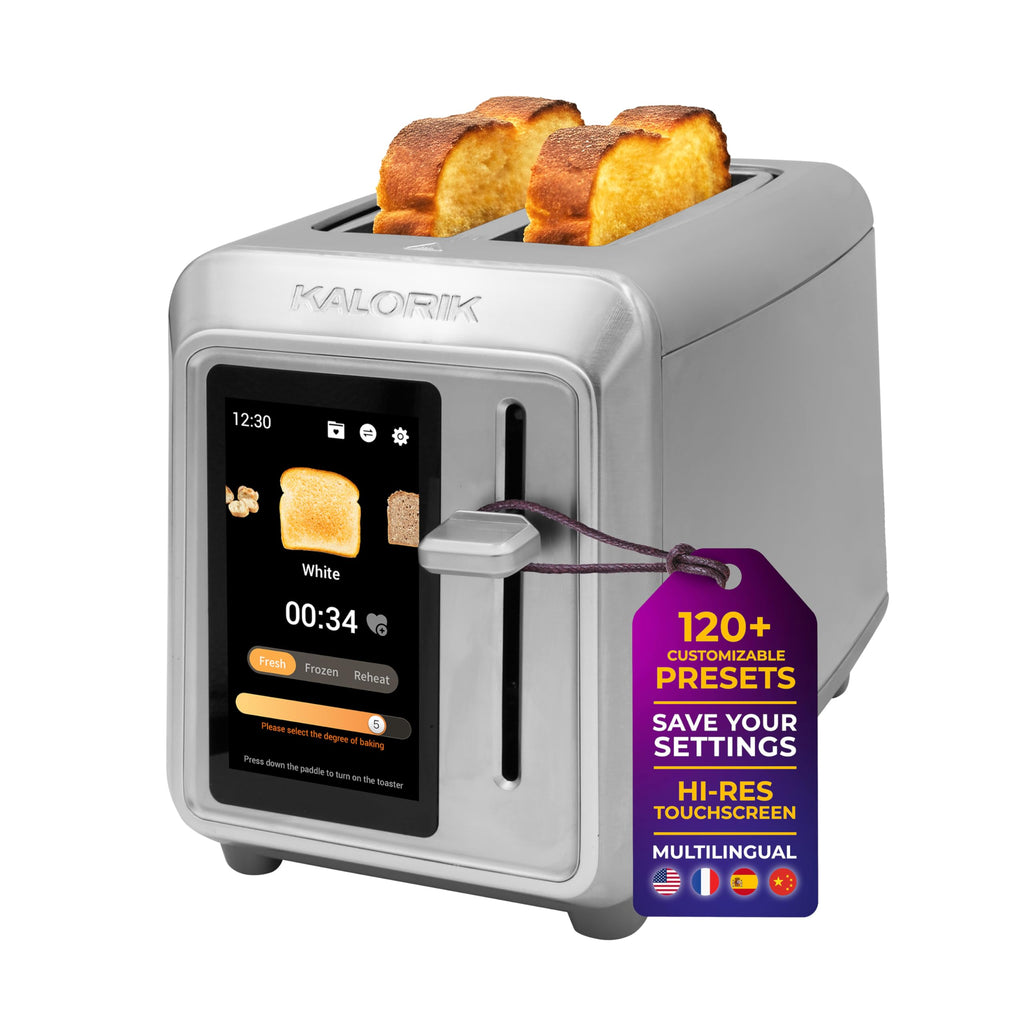 Kalorik Toaster VIVID TOUCH Series 2-Slice with Large High-Resolution Touchscreen and Customizable Cooking Presets by Bread Type, Features Wide Slots and High Lift Lever, 1000-Watts, Stainless Steel