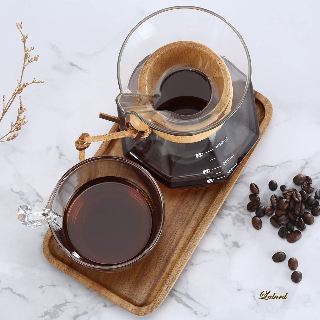 Lalord Pour Over Coffee Maker, 400ml/13.5oz Borosilicate Glass Carafe with Stainless Steel Filter & Modern Wooden Collar, 2 Cups Capacity, Clear