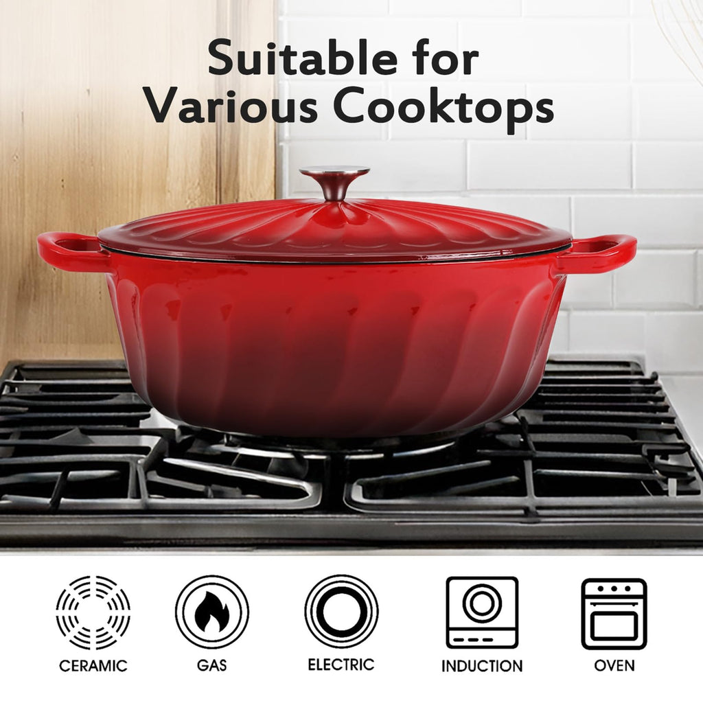 Enameled Oval Dutch Oven Pot with Lid, 7 QT Cast Iron Dutch Oven with Dual Handles for Cooking, Bread Baking, Frying, Non-stick Enamel Coated Oven (7 QT Gradient Red)