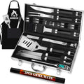 ROMANTICIST 26pcs Grilling Gifts for Men, Dad Gifts for Father's Day, Stainless Steel BBQ Grill Accessories Tools Set, Heavy Duty BBQ Utensils Kit with Apron, Thermometer, Mats in Aluminum Case Black