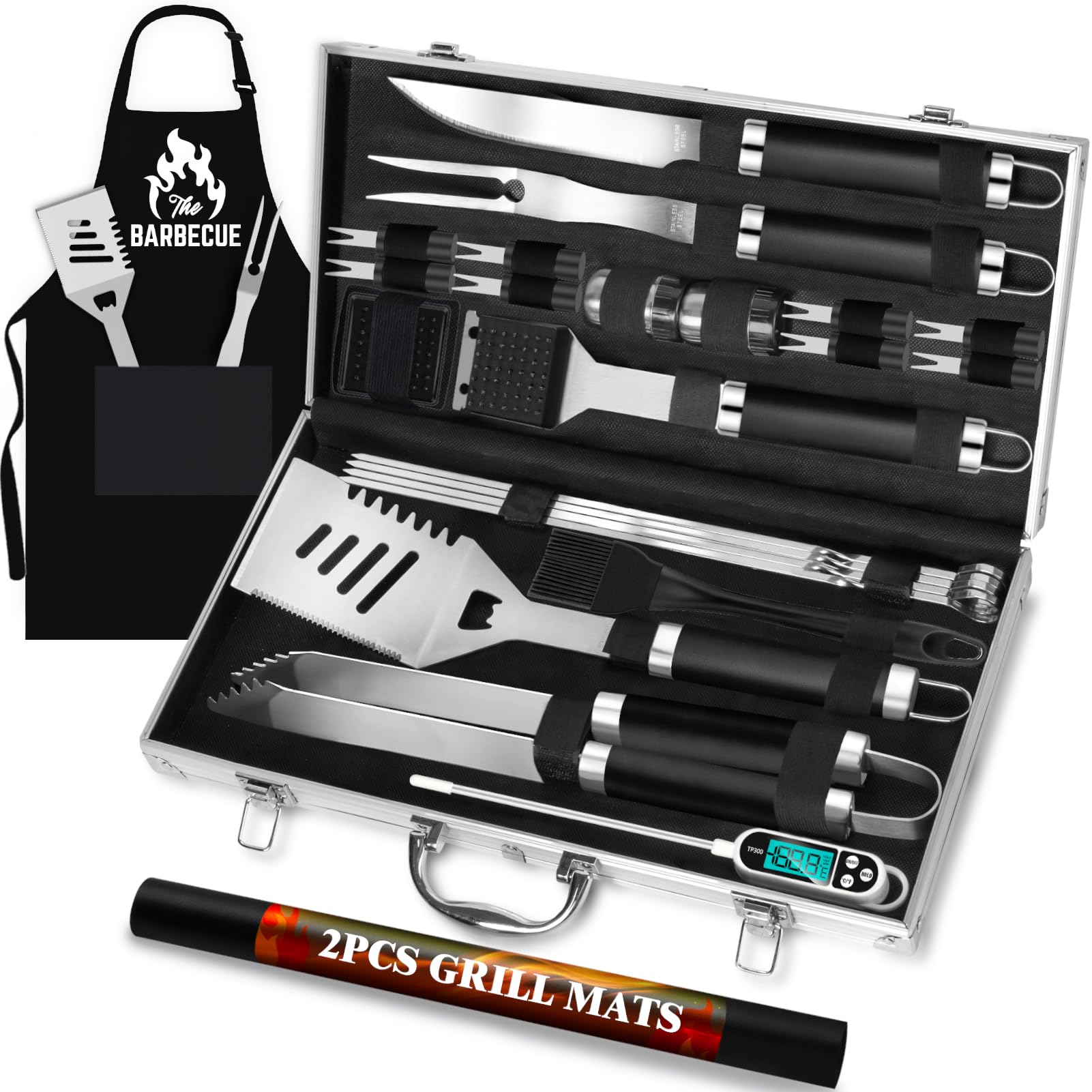 ROMANTICIST 26pcs Grilling Gifts for Men, Dad Gifts for Father's Day, Stainless Steel BBQ Grill Accessories Tools Set, Heavy Duty BBQ Utensils Kit with Apron, Thermometer, Mats in Aluminum Case Black