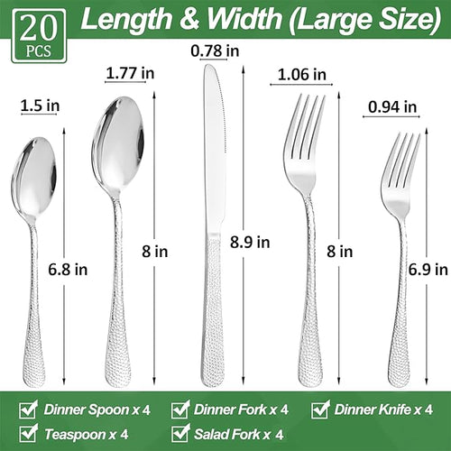 20 Pcs Silverware Set for 4, Food Grade Stainless Steel Flatware Set, Eating Utensils Sets Include Fork/Knife/Spoon, Reusable Cutlery Set for Home Kitchen, Dishwasher Safe, Wave Hammered