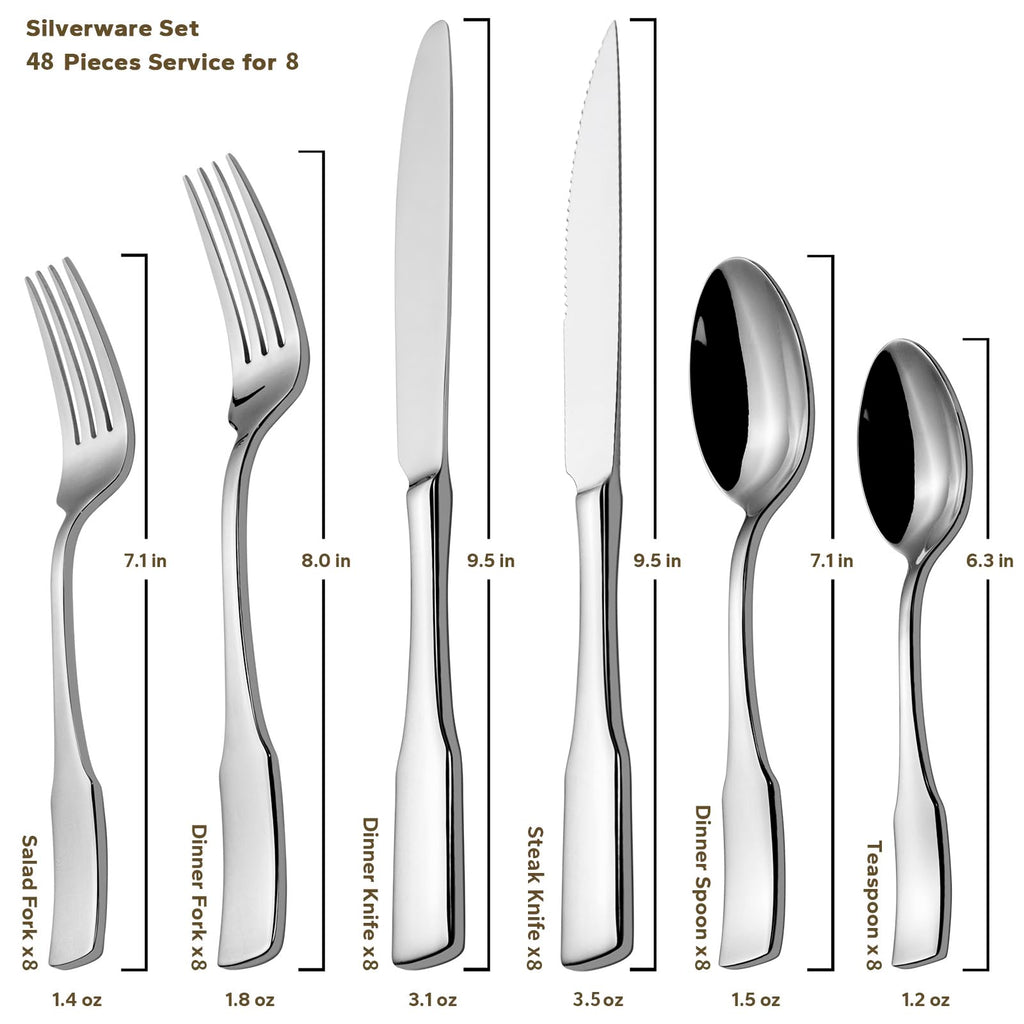 Alata Kate 48-Piece Silverware Set with steak knife Service for 8, Stainless Steel Flatware Set, Mirror Polished Cutlery Set Dishwasher Safe