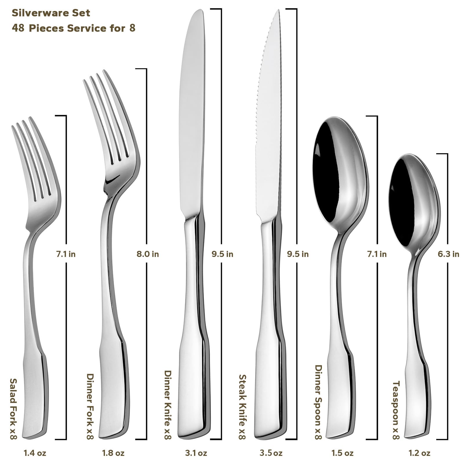 Alata Kate 48-Piece Silverware Set with steak knife Service for 8, Stainless Steel Flatware Set, Mirror Polished Cutlery Set Dishwasher Safe